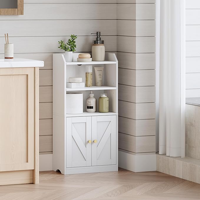 Small Bathroom Storage Cabinet, Bathroom Organizers and Storage with 2 Doors and Shelves, Floor Cabinet Freestanding with Adjustable Shelf for Small Spaces, White 7.9" D x 14.6" W x 29.6" H