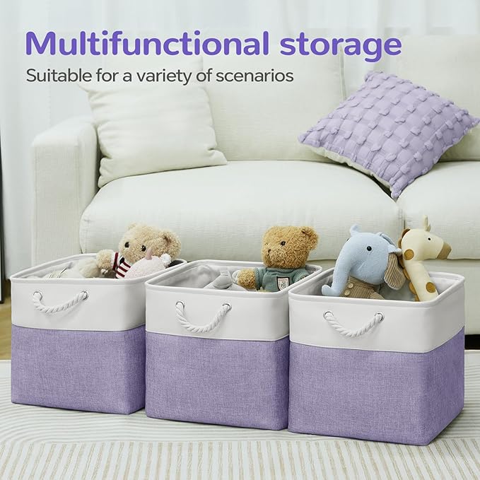 13 x 13 Inch Cube Storage Bins, 6 Pack Fabric Storage Basket with Handles, Foldable Boxes Organizer for Shelf Baskets for Home, Clothes (White/Purple)