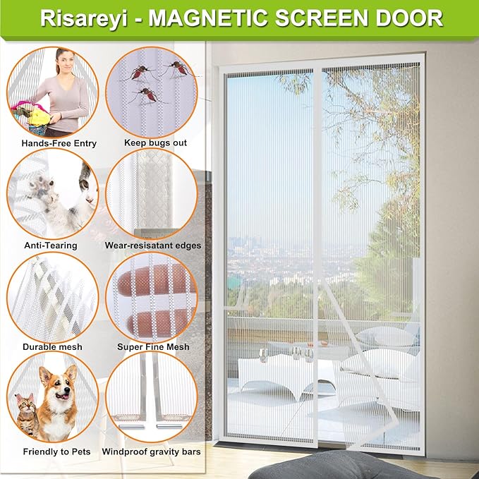 Magnetic Screen Door Heavy Duty, Front Door Screen Magnetic Closure Thicken Tear-Resistant Mesh Keep Bugs Out, White - Net Curtain Itself Size 36" x 77"