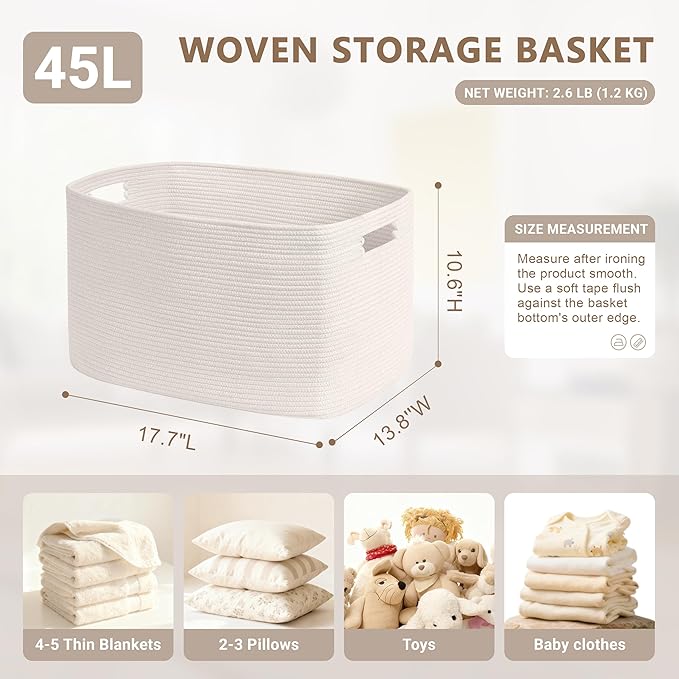 45L Small Baby Girls Laundry Basket for Nursery Storage,Cute Woven cotton Rope Baskets for Kids Toy，Gifts,Boho Square Wicker Blanket hamper for Living Room,Bedroom Dirty Clothes, White