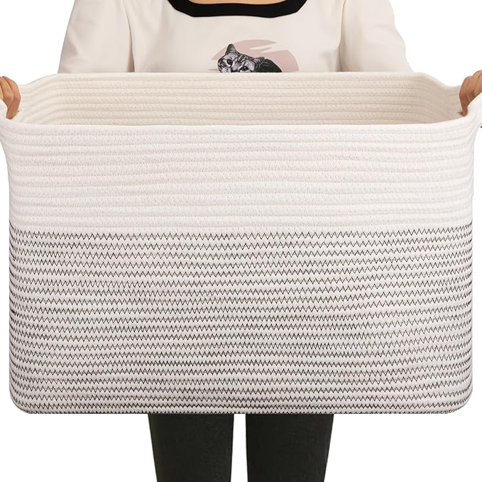 OIAHOMY Large Storage Basket, Cotton Rope Woven Blanket Basket, Toy Bin for Baby Room, Container for Blanket Storage in Living Room, 20''×16''×12'', Black & White