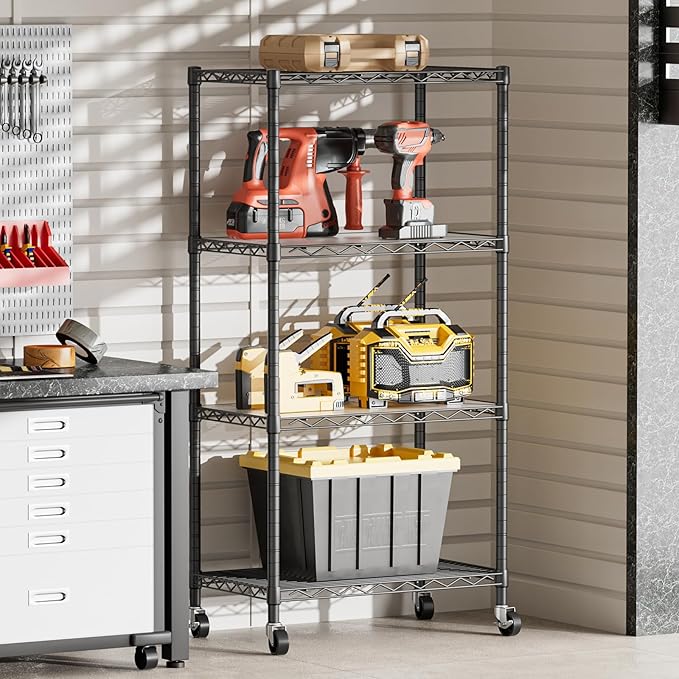 SINGAYE 4 Shelf Storage Wire Shelves Closet Bathroom Organizers Metal Pantry Kitchen Garage Shelving Unit Laundry Room Organization Home Narrow Rack Net Basket with Wheels White