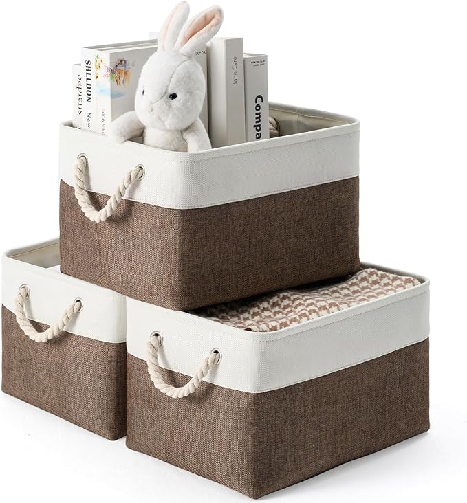DUHEL Storage Baskets for Organizing,Fabric Storage Baskets for Shelves,Closet Organizers and Storage Basket with Handle,Storage Bins Used for Baby Laundry Basket、Nursery Storage.(White&Brown-3PCS)