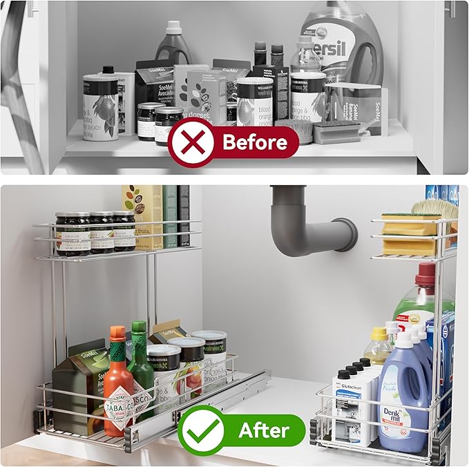 STORKING Under Sink Organizer 9" W X17 D, Pull Out Cabinet Organizer 2 Tier, Under Sink Slide Out Chrome Plated, Under Kitchen Bathroom Organizer, Pantry Cabinet Closet Organization Rack, 1 Pack