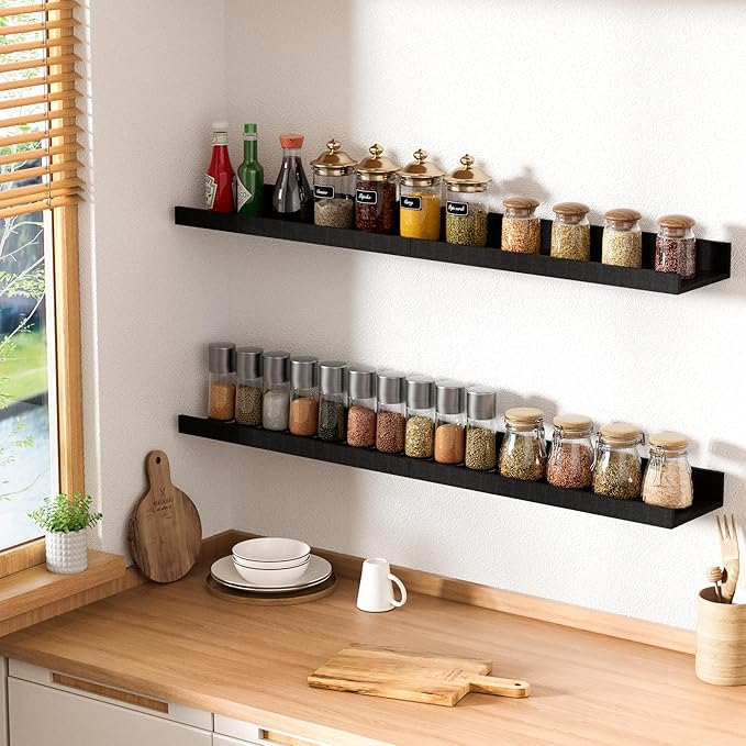 upsimples Floating Shelves for Wall, Wall Shelves for Decor Storage Set of 6, Wall Mounted Wood Shelf for Bedroom, Living Room, Bathroom, Kitchen, Picture Ledge Shelf, Black