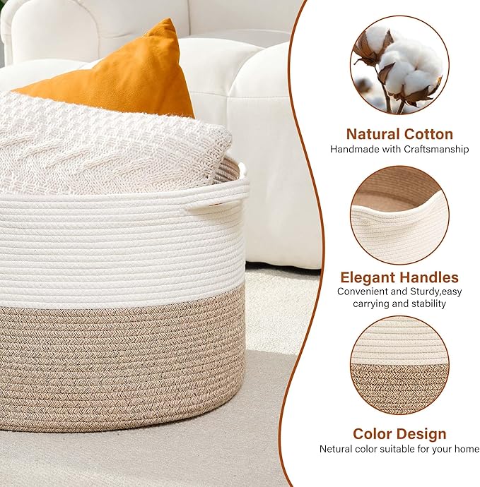 Foldable Laundry Hamper Basket with Collapsible Handle Cotton Rope Soft Woven Fabric Storage Organizer Clothes Toys Nursery Bedroom Dorm Space Saving Bin (White & Brown, 65L(19.7"D x 12.6"H))