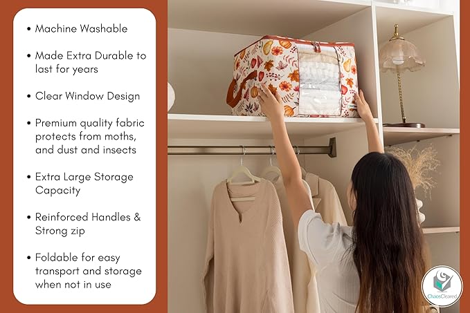Chaos Cleared Canvas Storage Bags Designer Organizer 2 Pack – Seasonal Storage for Sweaters, Blankets, Linens & Garments – Foldable Design with Zip & Window, Moth-Proof Space Saver, Autumn Print