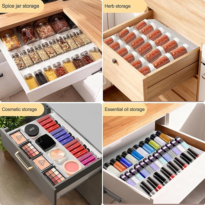 GOENDR Metal Spice Drawer Organizer, 4-Tier 2 Set Spice Rack for Drawer, Expandable From 11.4" to 22.8" Seasoning Organizer, Kitchen Spice Rack Tray for Drawer/Countertop (Jars not included) White