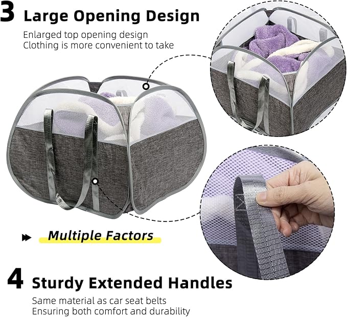 Collapsible Laundry Basket, 90L Foldable Pop-up Laundry Hamper with Reinforced Handles, Tear Proof Mesh Dirty Clothes Hamper for Laundry (Gray, 2PCS)