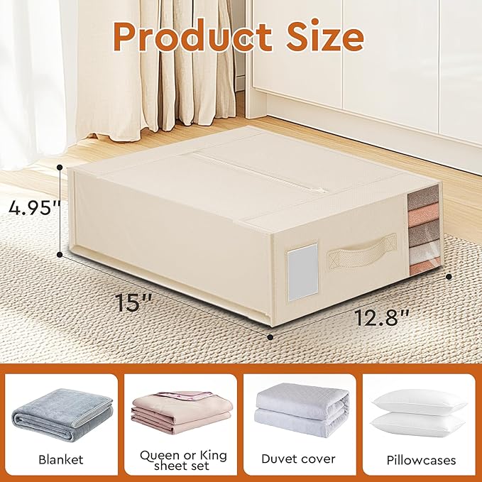 8 Pack Bed Sheet Closet Organizers and Storage,Sturdy Foldable Storage Containers with Window and Label,Storage and Organization for Bedding Sheets,Duvet Covers,Blankets (Beige)