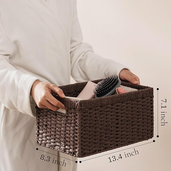 UBBCARE 4 Pack Wicker Basket, 13.4L×8.3H×7.1W inch Woven Paper Rope Storage Baskets for shelves, Foldable Rectangular Storage Baskets with Handle, Storage Basket for Organizing, Dark Brown