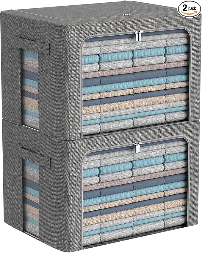 CYhom Clothes Storage Bins Box - Linen Fabric Foldable Stackable Container Organizer Set with Clear Window & Carry Handles & Metal Frame - 2Pack Large Capacity for Bedding, Blankets, Books