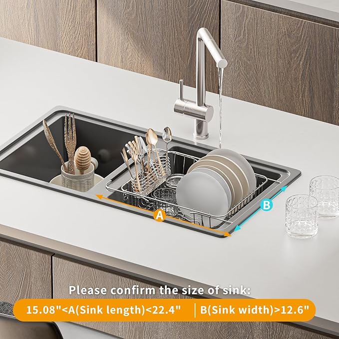 JAQ Dish Drying Rack in-Sink, 304 Stainless Steel Dish Drainer with Stainless Steel Silverware Holder Over Inside Sink-Adjustable 15.08" to 22.4" Maximium 13 Upright Dishes