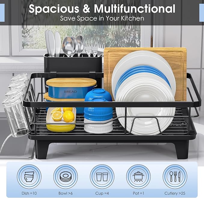 Dish Drainers for Kitchen Counter - Large Capacity Dish Drying Rack with Drainboard, Rustproof & Sturdy Design, Black Dish Rack Perfect for Plates, Cups & Kitchen Countertop Organization