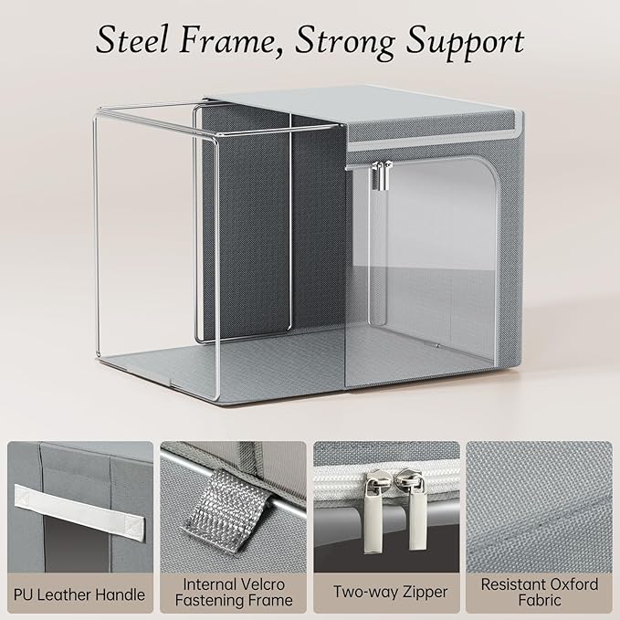 Yecaye Large Clothes Storage Bins with Metal Frame, Foldable Clothing Storage Bin with Lid, Stackable Oxford Fabric Organizer Box With Clear Window & Zippers & PU Leather Handles (3 Pack, Grey, 66L)