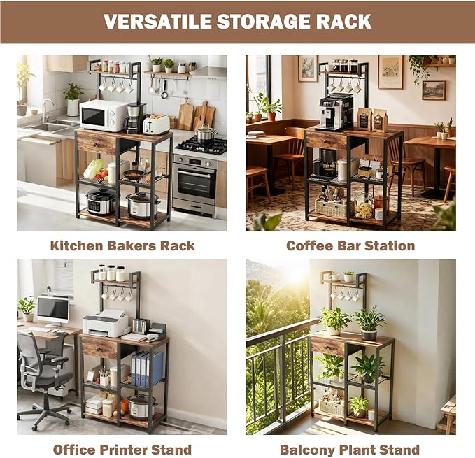 Kitchen Bakers Rack,Microwave Stand with Storage,Adjustable 6 Tier Coffee Bar Staion,Free Standing Bakers Rack with Drawer and Hooks,Kitchen Appliance Storage Shelf for Spices,Pots
