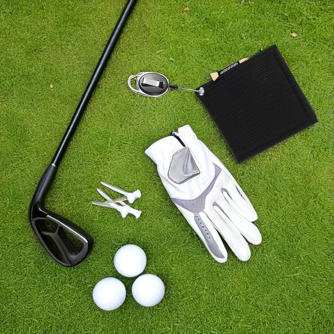 PRETYZOOM Golf Towel with Extendable Reel for Clubs and Balls Black Microfiber Cleaning Cloth Small Golf Accessory for On-Course Use