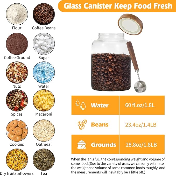 Patoper Large Glass Coffee Jars with Spoons 60 oz /1800ml, Round Storage Canister with Wooden Lid Clear Glass Food Jar for Pantry Sugar Tea Coffee Bean Spice Nuts Cookies Bath Salts (1800ml/60oz)