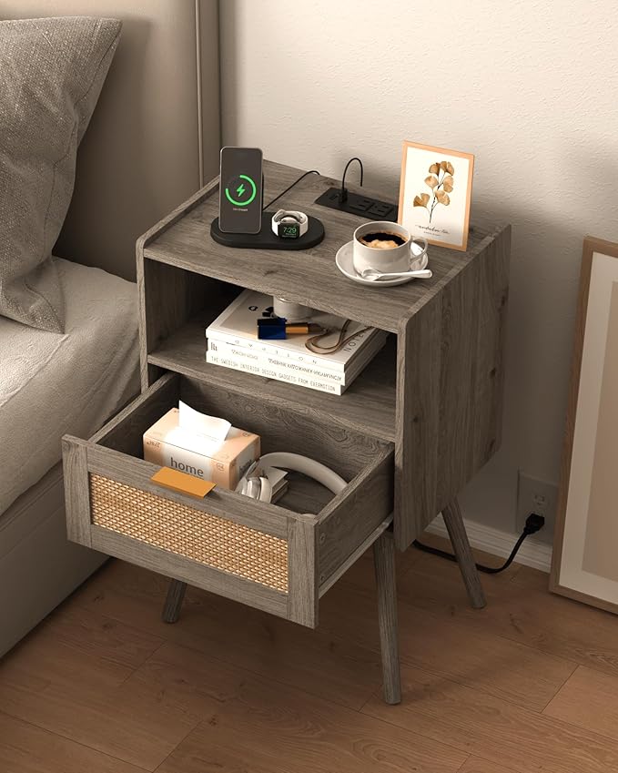 Veegle Rattan Nightstand with Outlet,Modern Bedside Table with Storage Drawer and Open Wood Shelf, for Living Room, Bedroom and Small Spaces, Accent Night Stand with Solid Wood Legs,Grey Oak