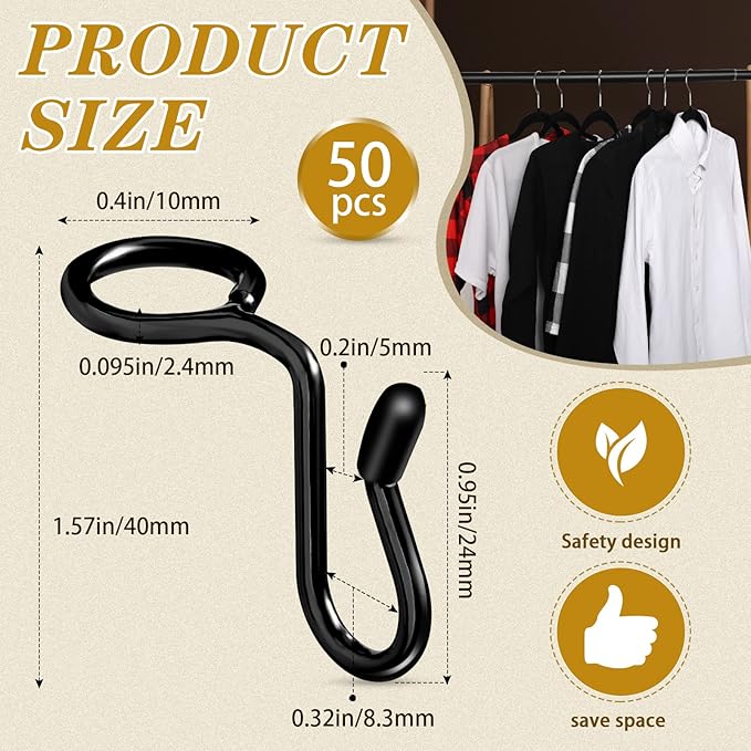 Sratte 50 Pieces Clothes Hanger Connector Hooks, Metal Clips Extender Hooks for Velvet Hangers Closet Space Saving(Black,50 Pieces)