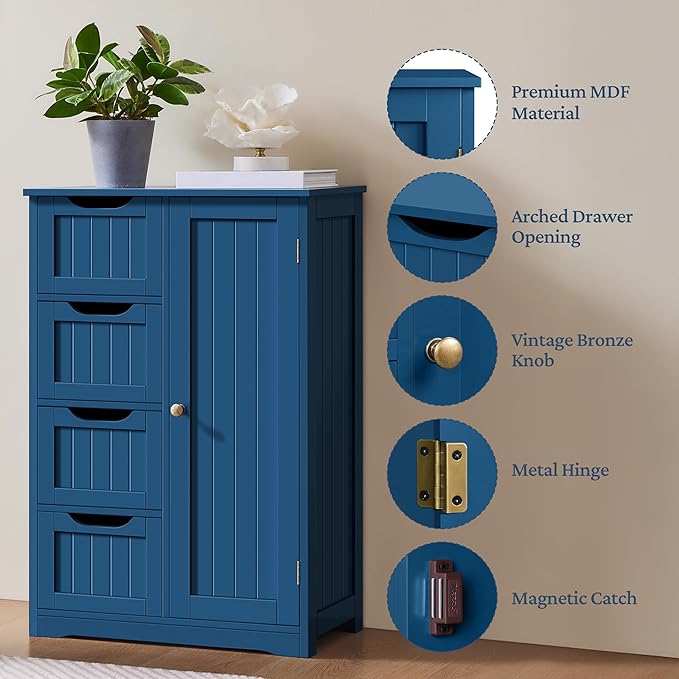 Yaheetech Wooden Bathroom Floor Cabinet, Side Storage Organizer Cabinet with 4 Drawers and 1 Cupboard, Freestanding Entryway Storage Unit Console Table, Bathroom Furniture Home Decor, Navy Blue
