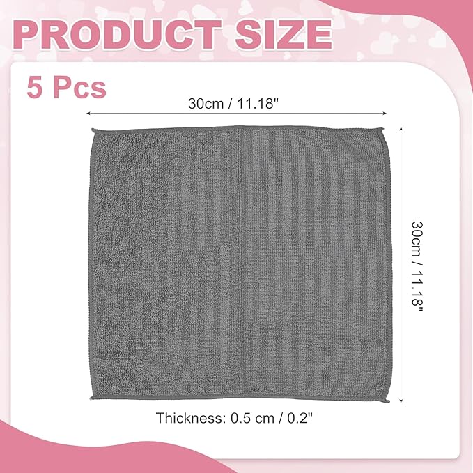 uxcell 5 Pcs Microfiber Cleaning Cloth, Kitchen Towels Reusable Microfiber Towels Highly Absorbent for Household Cleaning Supplies, Kitchen, Bathroom, Gray(Square), 11.8" X11.8