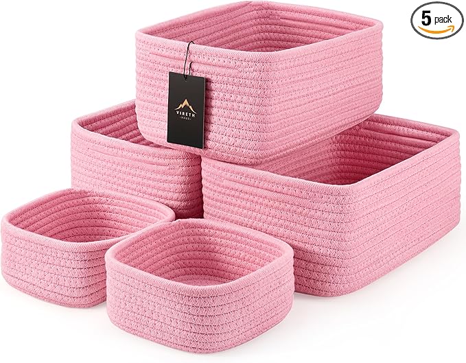5-Pack Small Woven Rope Storage Baskets – 2 Sizes Organizer Bins for Closet, Shelf, Bookshelf, Nursery, Changing Table, Fabric Cube Boxes, Rectangular Shallow Bins for Bathroom, Toy & Home