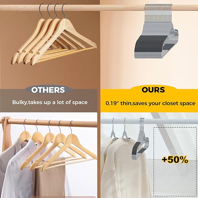 Quality Clothes Hangers 50 Pack - Non-Velvet Plastic Hangers for Clothes - Heavy Duty Coat Hanger Set - Space-Saving Closet Hangers with Gray Swivel Hooks - Functional Non-Flocked