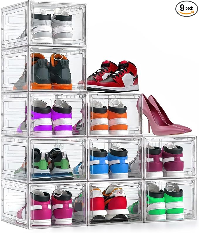 Katoora XX Large Clear Shoe Storage Box Organizer for Closet, 9 Pack Thicken Hard Plastic Stackable Shoe Sneaker Rack Display Case Container Bins Organizer, Easy Assembly, Clear