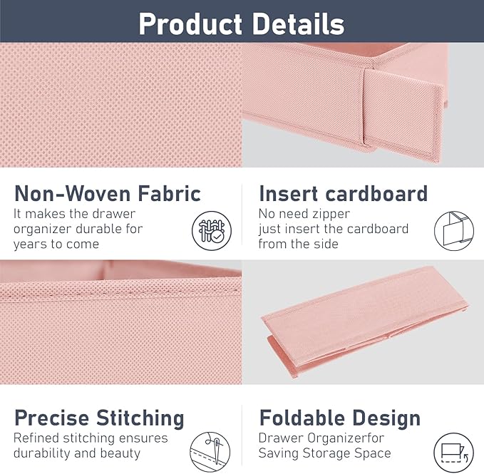 DIMJ Drawer Organizer for Clothes - Underwear, Sock, Closet, and Dresser Storage Box - Dividers for Baby Clothes, Bra, Socks, Belt, Tie - Set of 9, Pink