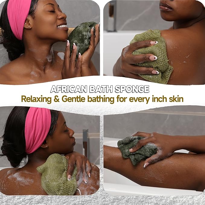 SubSahara Authentic African Net Sponge - 2 Pack Exfoliating Bath & Shower Loofah Sponge for Body & Face, Gentle Scrubber for All Skin Types, Travel, Durable (Olive Green & Light Green)