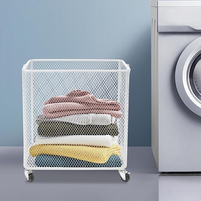 White Metal Laundry Basket with Wheels, Rolling Laundry Hamper Cart Mesh Laundry Storage Cart Organizer Clothes Sorter Shelf Basket Durable for Laundry Room