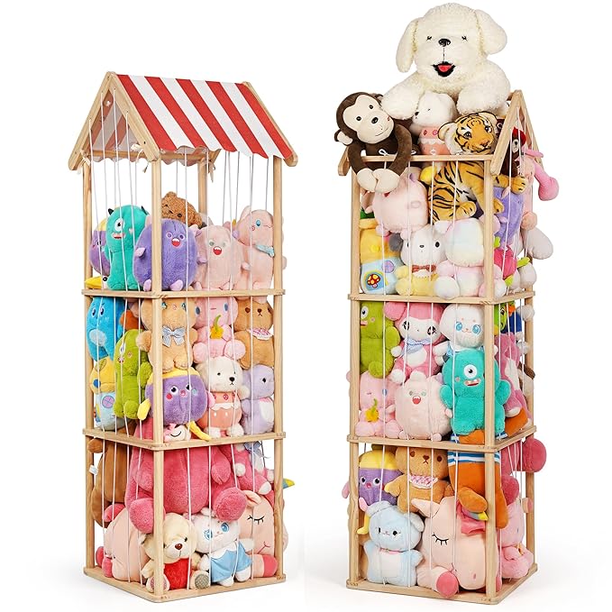 Stuffed Animal Storage, Space Saving Vertical Stuffed Animal Holder Wood, Easy Assembly Cottage-Style Plush Toys Organizer for Kids Bedroom & Playroom (Wood, Large)