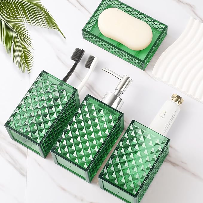 Green Bathroom Accessories Set, 4 Pack Green Bath Accessory Sets Complete, Acrylic Soap Dispenser and Toothbrush Holder Set for Bathroom Counter Sink, Modern Bathroom Decor