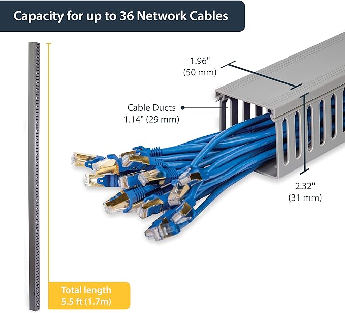 StarTech.com 2x2in Open Slot Wiring Cable Raceway Duct with Cover, Server Rack Cable Management, Cable Cover Duct, Cord Hider / Organizer, PVC Cable Manager, TAA Compliant (AD2X2)