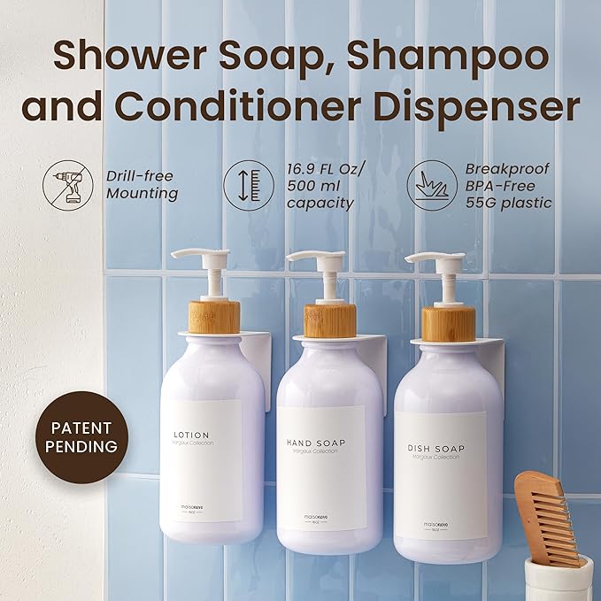 MaisoNovo Shampoo and Conditioner Dispenser - Shower Soap Dispenser Wall Mounted - 16.9 fl oz Set of 3 White Plastic Bottles Bamboo Pump - 3 Chamber No Drill