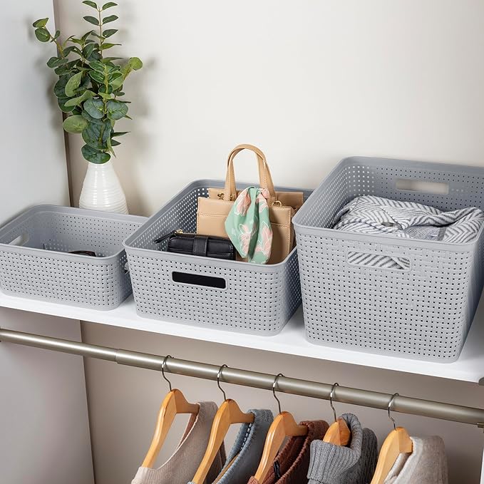 Sterilite 24 Pack Plastic Storage Bin Organization Containers, Small Baskets, Cement