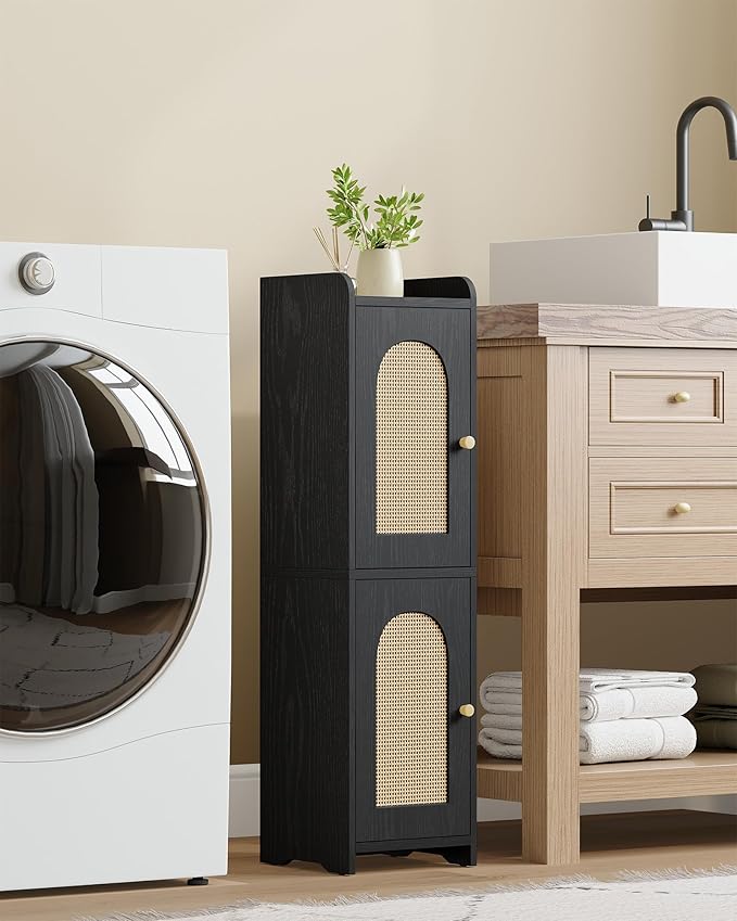 Bathroom Storage Cabinet, Small Corner Floor Cabinet with 2 Doors and Adjustable Shelf, Narrow Toilet Paper Cabinets, Bathroom Organizer for Small Spaces, 7.9"D x 7.9"W x 29.5"H Rattan Black