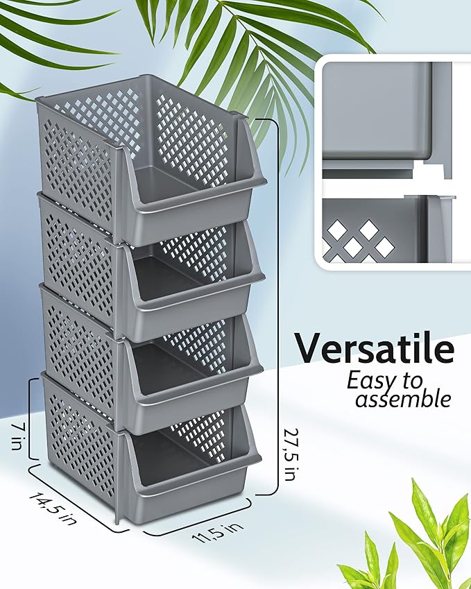 TidyFriend 4 Pack Stackable Storage Bins Open Front for Pantry Organizers and Storage, Plastic Storage Bins for Garage Organization, Garage Storage Bins for Shelves, Racks, Tools & Supplies (Grey)