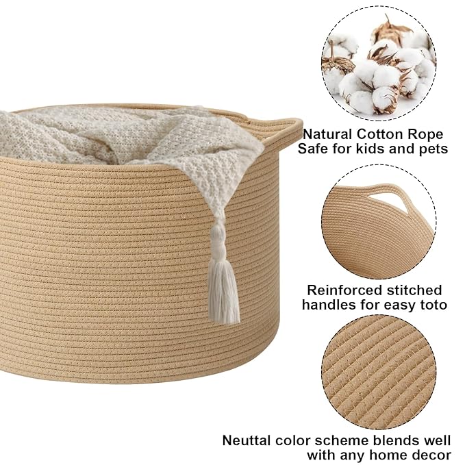115L Large Blanket Basket,23.6" L x 23.6" W x 15.7" H Rope Woven Baskets with Handles, Toys Storage Bins,Laundry Basket Perfect for Living Room, Nursery,Bedroom,Home Organization,Camel