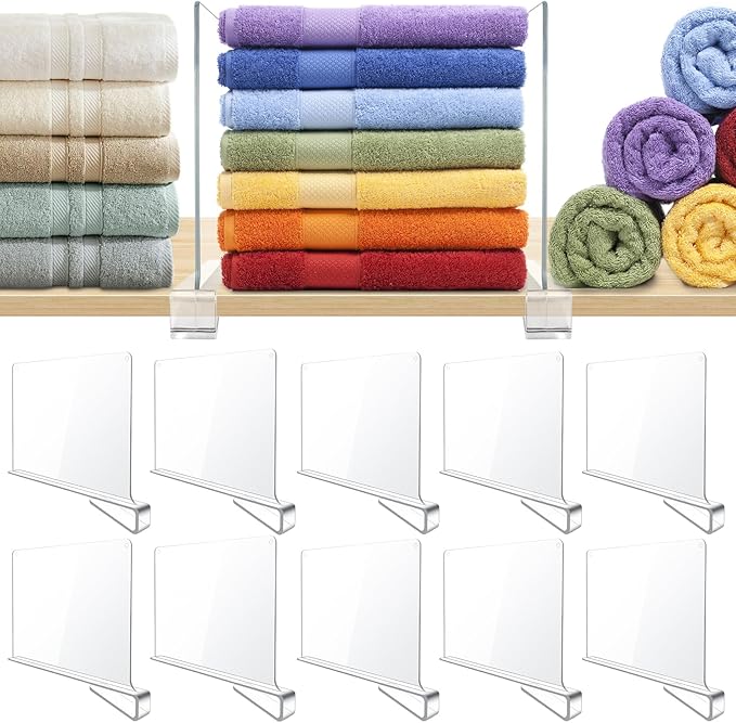 BAUMFEUER 10 Pack Clear Acrylic Shelf Dividers for Closet Shelf Organizer of Bedroom Kitchen Office Bathroom Organizer for Clothes Books Hats and Handbags