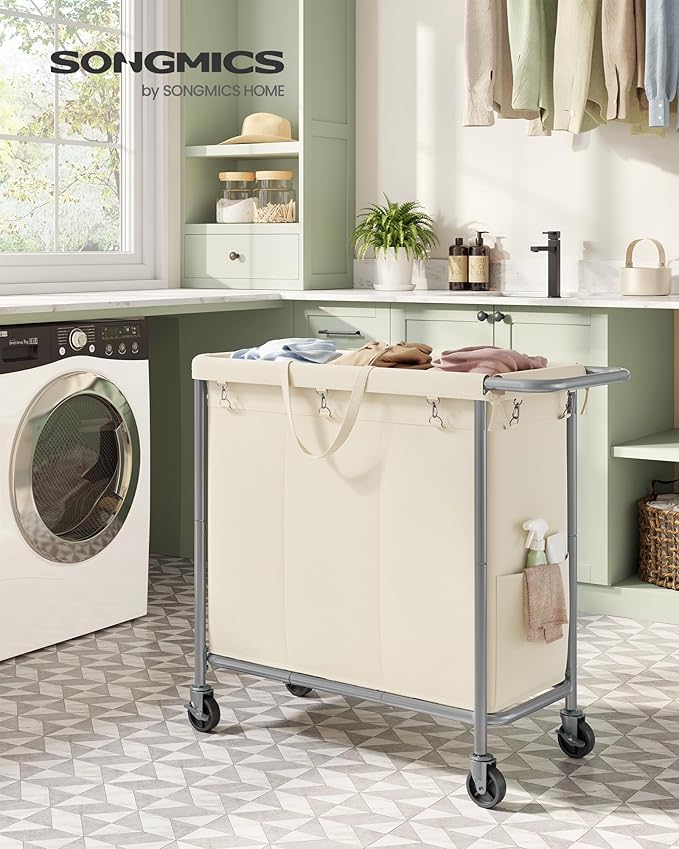 SONGMICS Laundry Basket with Wheels, 3-Section Rolling Laundry Hamper, 52.8 Gallons (200 L), Removable Liner, Steel Frame with Handle, 35.8 x 15.4 x 31.9 Inches, Cream White URLS005W01