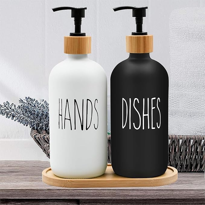 16 OZ Thick White & Black Glass Soap Dispenser, Bamboo Pump with Tray 2 Pack, Hand and Dish Soap Dispenser Set for Bathroom with 6 Waterproof Labels