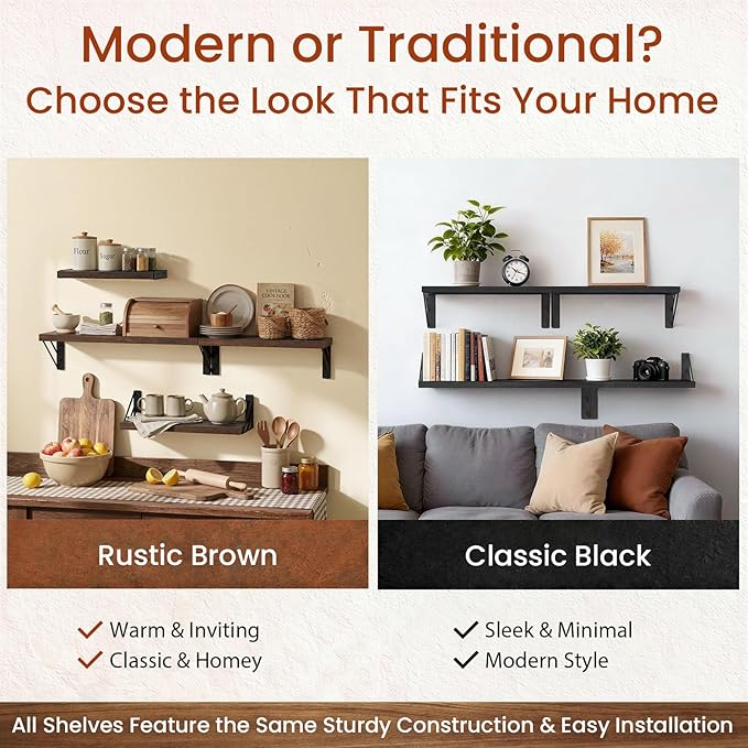 BAYKA Wall Shelves for Bedroom Decor, Floating Wall Shelves for Living Room Kitchen Storage, Mounted Rustic Wood Floating Shelves for Kids Books, Corner Shelf for Bathroom(Rustic Brown，Set of 4)