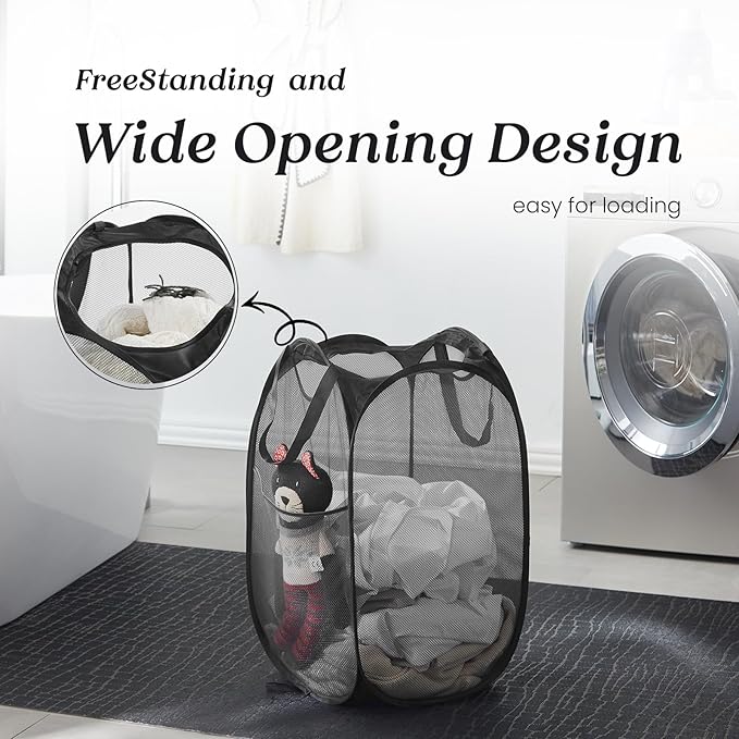 Collapsible Mesh Pop Up Laundry Hamper with Sturdy Handles and Side Pocket - Portable Foldable Clothes Baskets for Dorm, Bathroom & Travel Storage (Black)