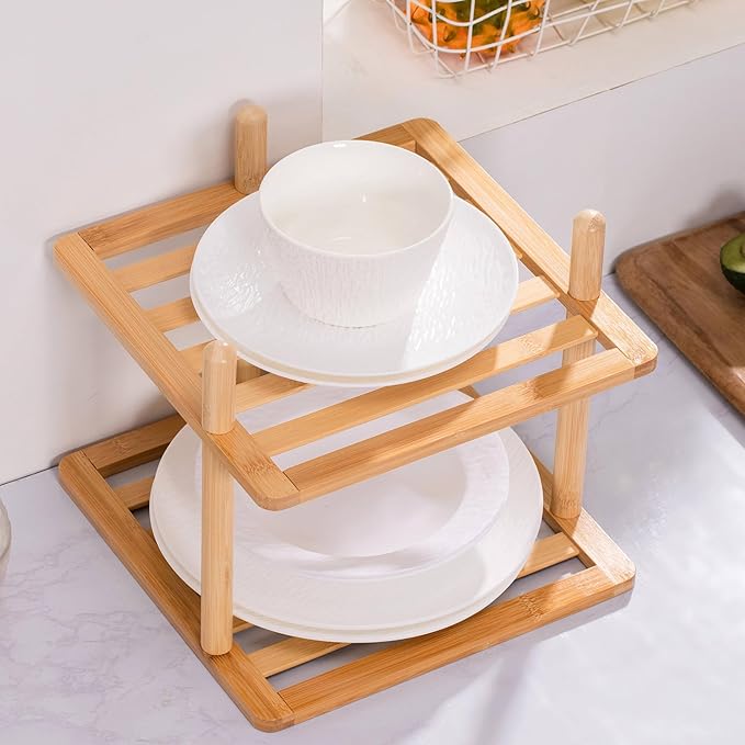 2Pcs 2-Tier Cabinet Organizer Shelf - Bamboo Corner Rack for Kitchen Counter, Cabinet Space Saver for Plates, Dishes, Bowls, Bread - Pantry and Bathroom Storage or Countertop (2, 6.7"H-Large)