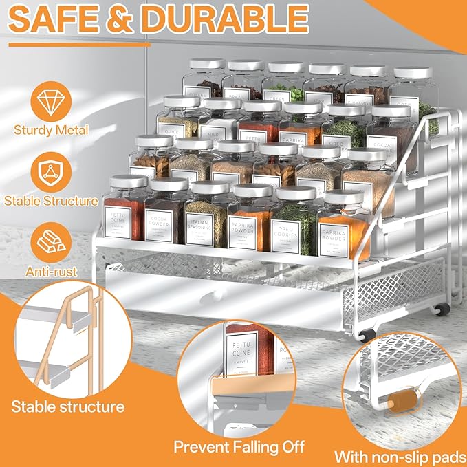 Spice Rack Organizer for Cabinet: 4 Tier Spice Organization with Drawer, Depth Adjustable Metal Shelf for Kitchen Countertop, Cupboard, Pantry, Holds Seasoning and Condiments (White)