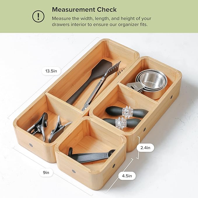 Modular Drawer Organizer Set – Kitchen Edge Storage with 3 Containers & 5 Compartments, Magnetic with Removable Inserts, Stackable, Rubber Liners & Non-Slip Base, 9in x 13.5in x 2.4in, 100% Bamboo