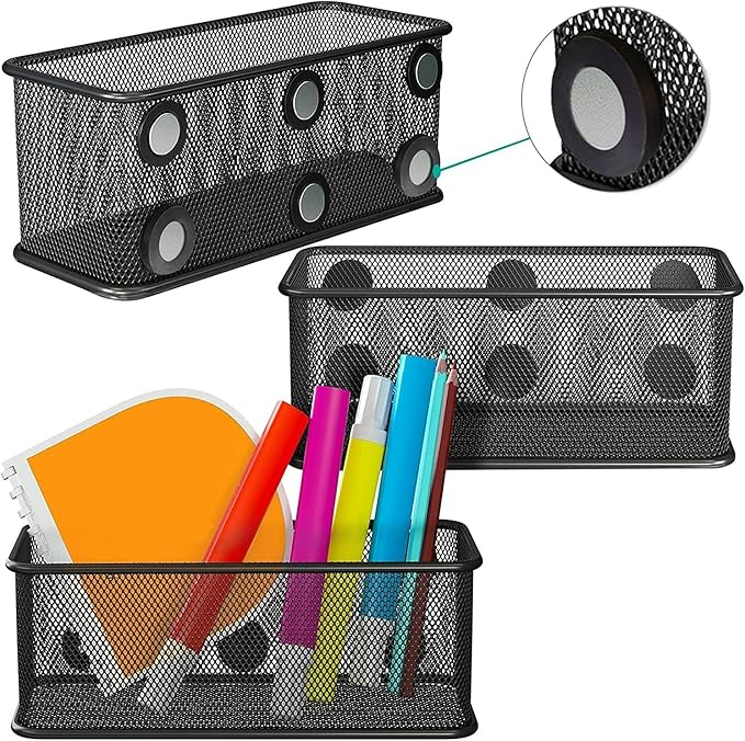 TAPBULL Mesh Magnetic Storage Baskets - Set of 3 (Black) with Anti-Slip Feature and Strong Magnets - Magnetic Locker Organizer and Pencil Holder for Whiteboard and Refrigerator (Black-3 pcs)