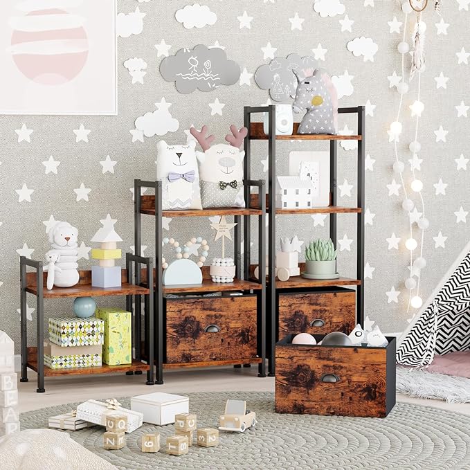 Furologee 3 Tier Bookshelf with Drawer, Small Bookcase with Shelves, Short Wood and Metal Bookshelf Storage Organizer, Industrial Freestanding Shelf Units for Bedroom, Living Room, Dorm, Rustic Brown